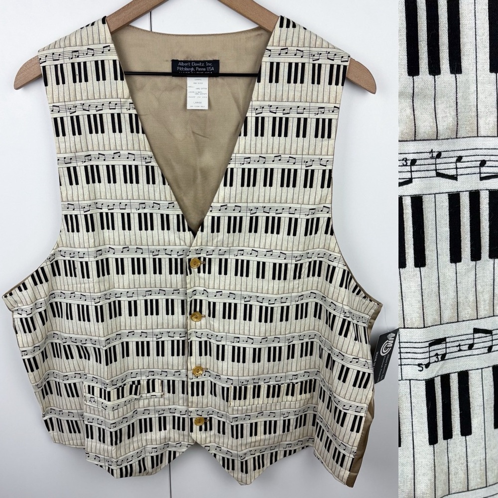 Vintage Piano Keys Pattern Satin Button Front Vest Large Music Symphony Teacher